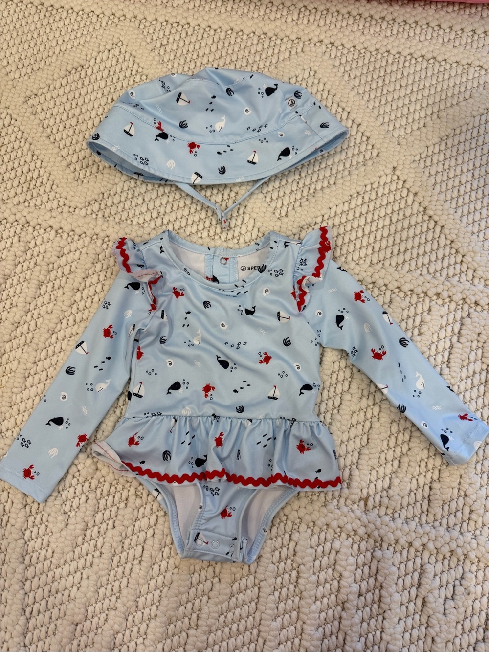 Sperry Light Blue Nautical Long-Sleeve Rashguard Swimsuit with Hat
